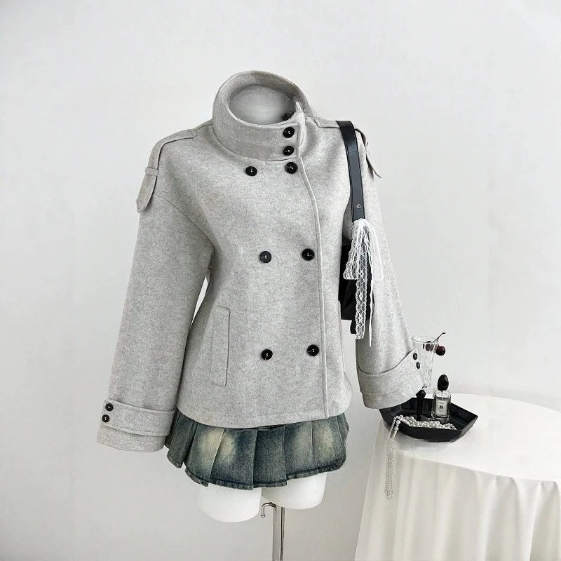 AIERTU  -  Women Double Breasted Jackets Solid Thick Stand Collar Outerwear Cropped Korean Style Retro Loose Fit Fall Winter Short Coats Aiertu