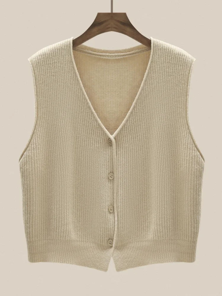 New Casual Vertical Striped Simple Knitted Vest Women's Sleeveless Top V-neck Short Knitted Vest Cardigan Jacket Women Sweater Aiertu