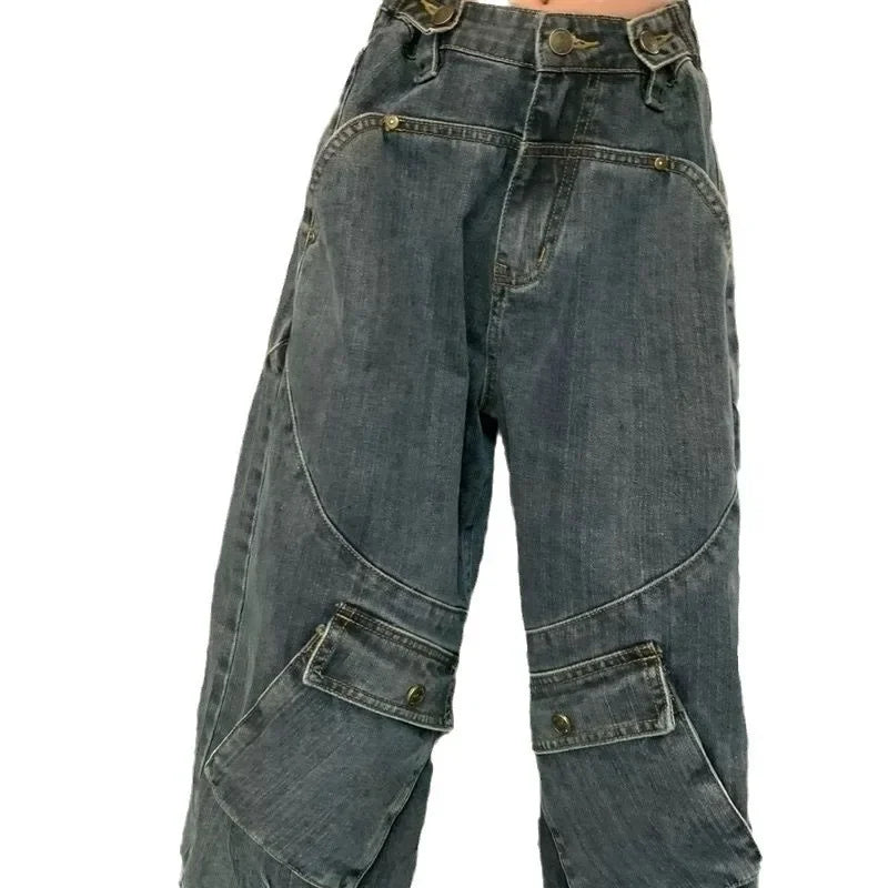 Aiertu Harajuku Vintage Cargo Jeans Women Oversize Y2K Grunge Black Baggy Denim Pants Hip Hop Streetwear Wide Leg Trousers Aiertu