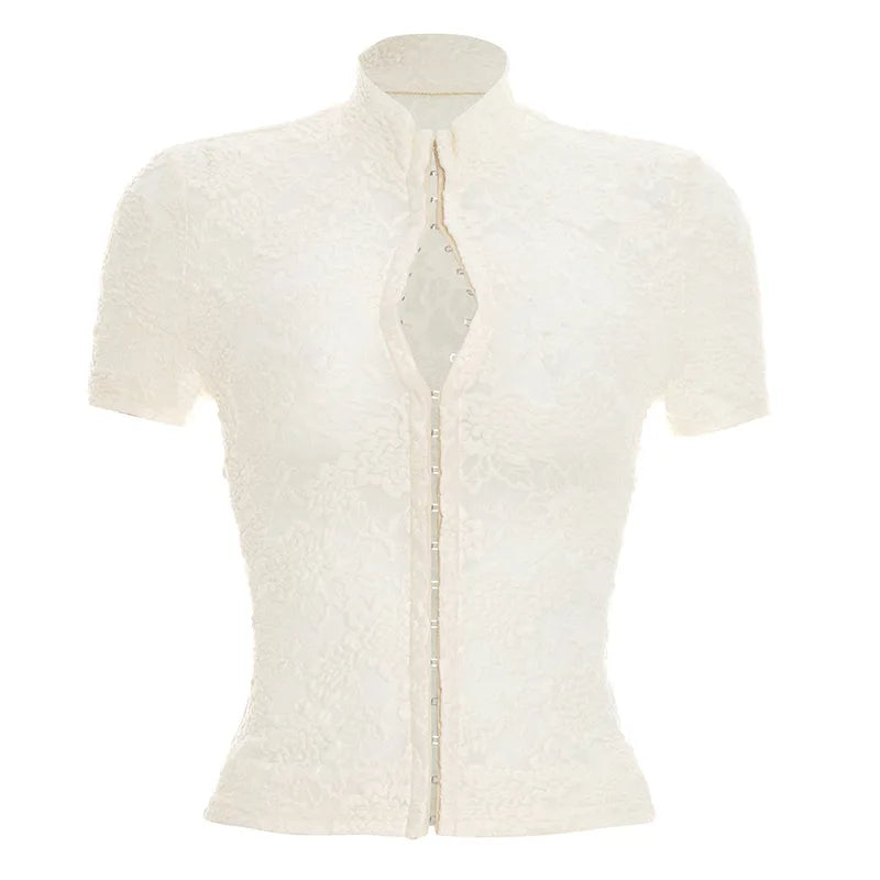 AIERTU  -  Vintage Lace Floral Embroidered Buckle T shirts Ruched Drawstring Sheer Mini Skirts Two Piece Sets for Party Event Summer Aiertu