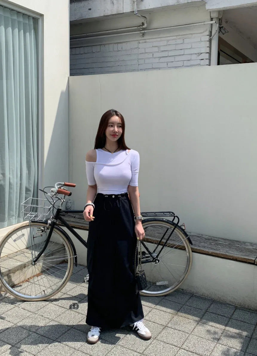 AIERTU  -  Fashionable Korean Style Pure Color Drawstring Work Skirt High Waist H-Shape Loose Fit Commute Style Ladies Skirt Aiertu