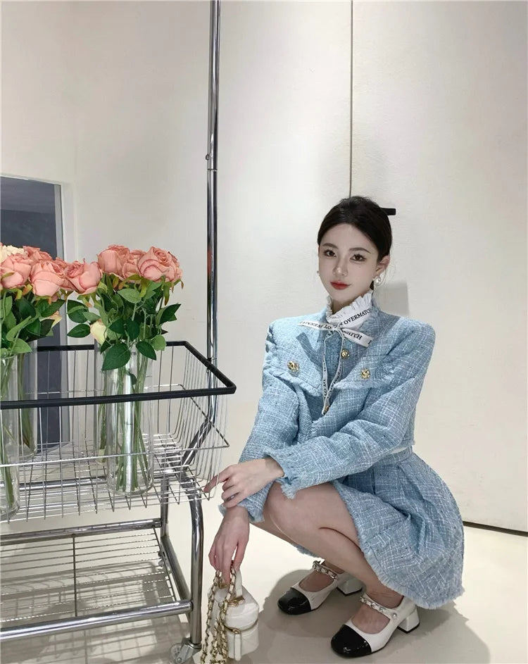 Aiertu High Quality Fashion Tassel Design Small Fragrance 2 Piece Sets Women Outfit Long Sleeve Short Jacket Coat + Pleated Skirt Suits Aiertu