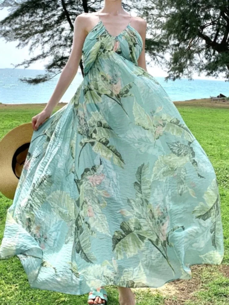 Aiertu Elegant and Chic Women Fashion New Casual Midi Summer Dress Halter A-Line Floral Print Beach Holiday Robe Female Clothes Mujers Aiertu