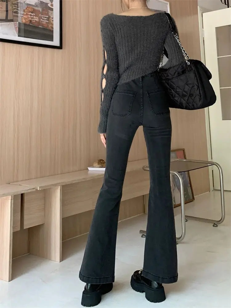 Aiertu Black Gray High-waisted Flared Jeans Women's Retro Straight Elastic Slim Slim Wide-leg Flared Pants Female Trousers Aiertu