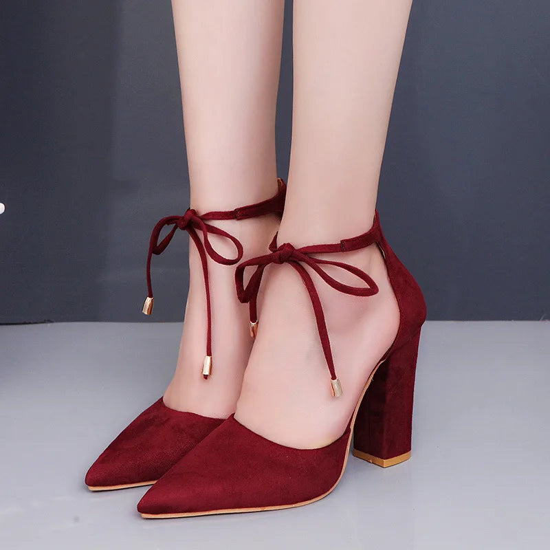 Autumn New Pointed Thick Heel Strap High Heel Shoes Elegant Fashion Solid Color Party High Heel Sandals Shoes for Women Aiertu