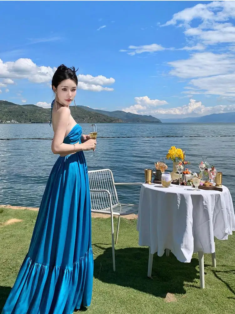 Aiertu Summer New Women's Blue Sexy Club Hanging Neck Hollowed Backless Pleated Long Dress Birthday Evening Party Bandage Sundress Aiertu