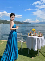 Aiertu Summer New Women's Blue Sexy Club Hanging Neck Hollowed Backless Pleated Long Dress Birthday Evening Party Bandage Sundress Aiertu