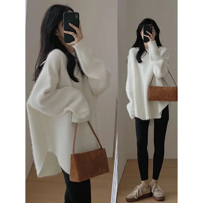 Spring Women New Korean Sweater Loose Knitting Warm Round Neck Falling Shoulder Sleeves Long Sleeved Solid Color All-match Tops Aiertu