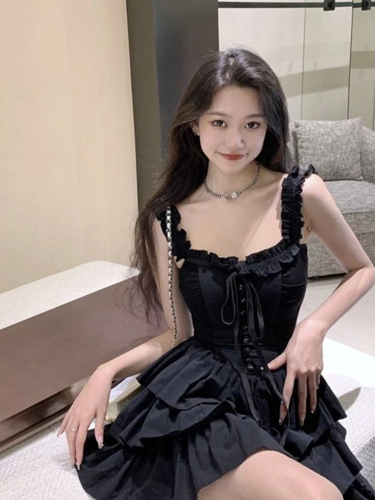 Aiertu Gothic Goth Harajuku Sexy Slip Dress Ruffles Y2k Streetwear Dark Punk Cake Dresses Party Korean Fashion  Summer Aiertu