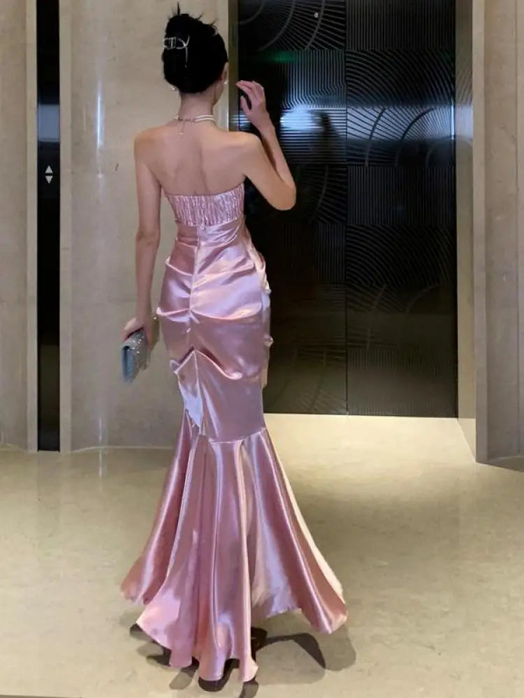 Aiertu Pink Black Patchwork Wrapped Hip Fishtail Long Dress Women Elegant Sleeveless Party Summer Backless Pleated Evening Dresses New Aiertu