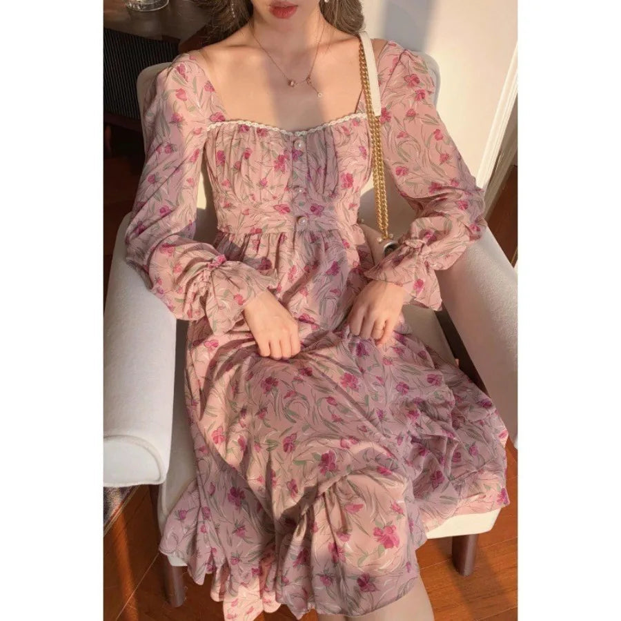 AIERTU  -  Spring clothes, new French retro square collar, long chiffon and rose stem, orange floral dress Aiertu