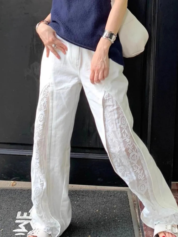 Aiertu New Bottoms Y2k Wide Leg Pants for Women Fashion Patchwork Lace White Trousers High Waist Straight Casual Summer Pantalon Femme Aiertu