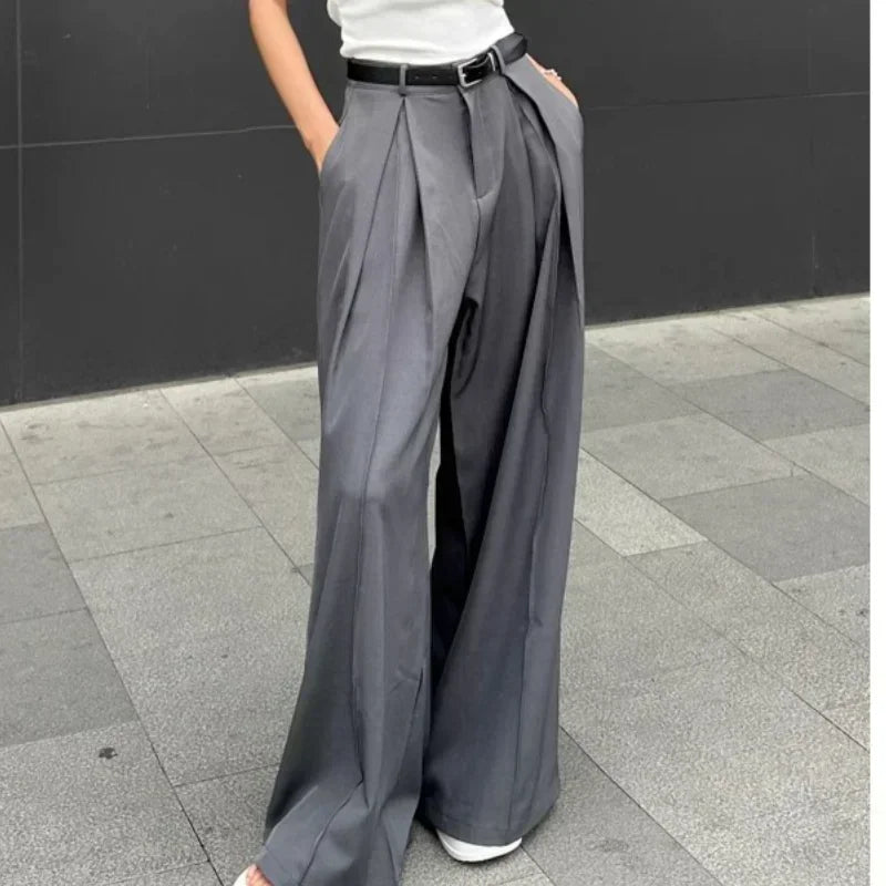 Baggy Casual Grey Suit Pants Woman Korean Fashion Classical Office Ladies Wide Leg Trousers High Waist Basic Pantalone Aiertu
