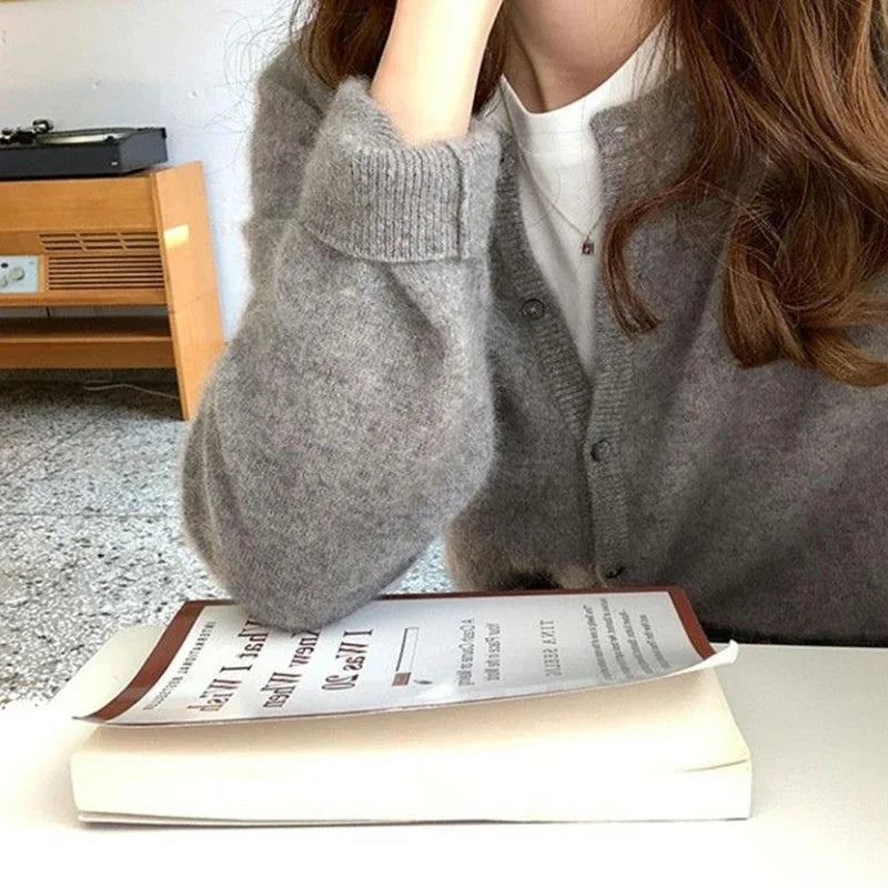 Aiertu Cold Weather Outfits Fall Solid Color Knitted Cardigan Women Korean Single Breasted Long Sleeve Jumper Woman Round Neck All Match Sweater Outwear Top Aiertu