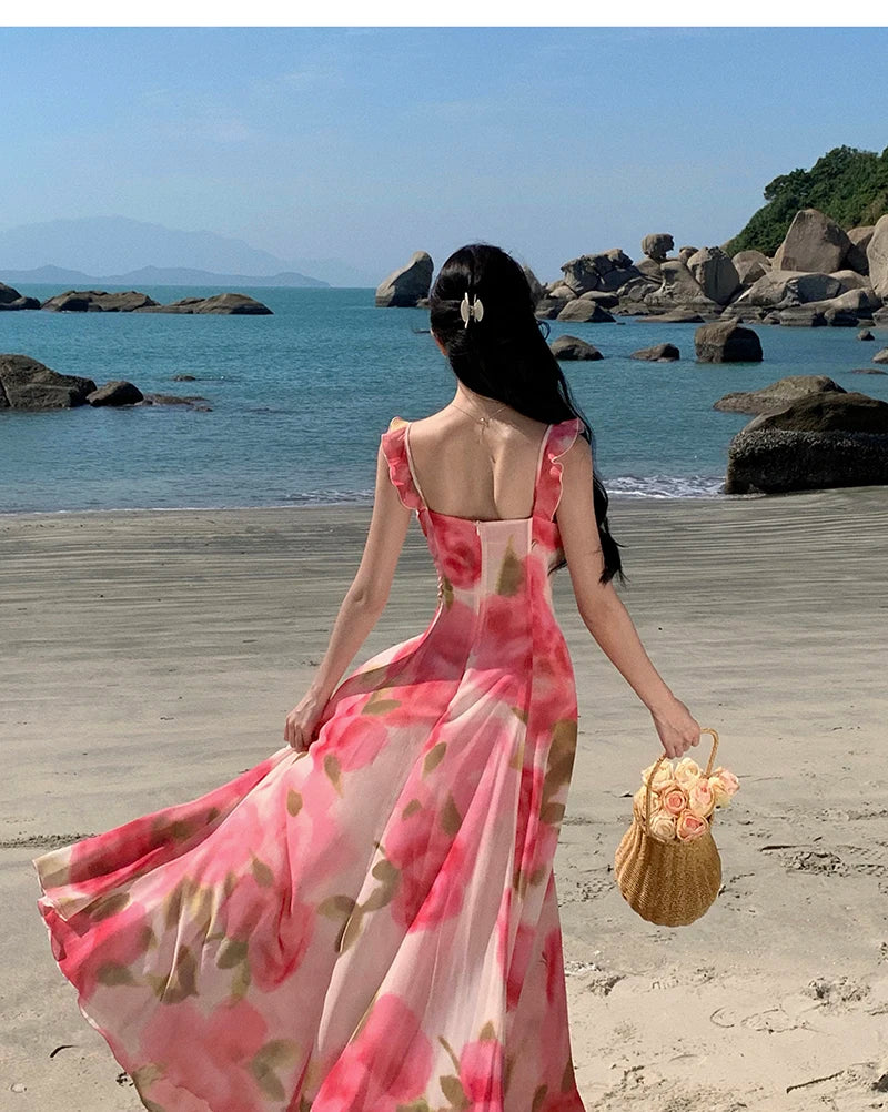 Aiertu Women Pink Floral Ruffles Slip Dress Summer Printed Festival Long Dresses Backless Slim Elegant Evening Party Sundress Boho Aiertu