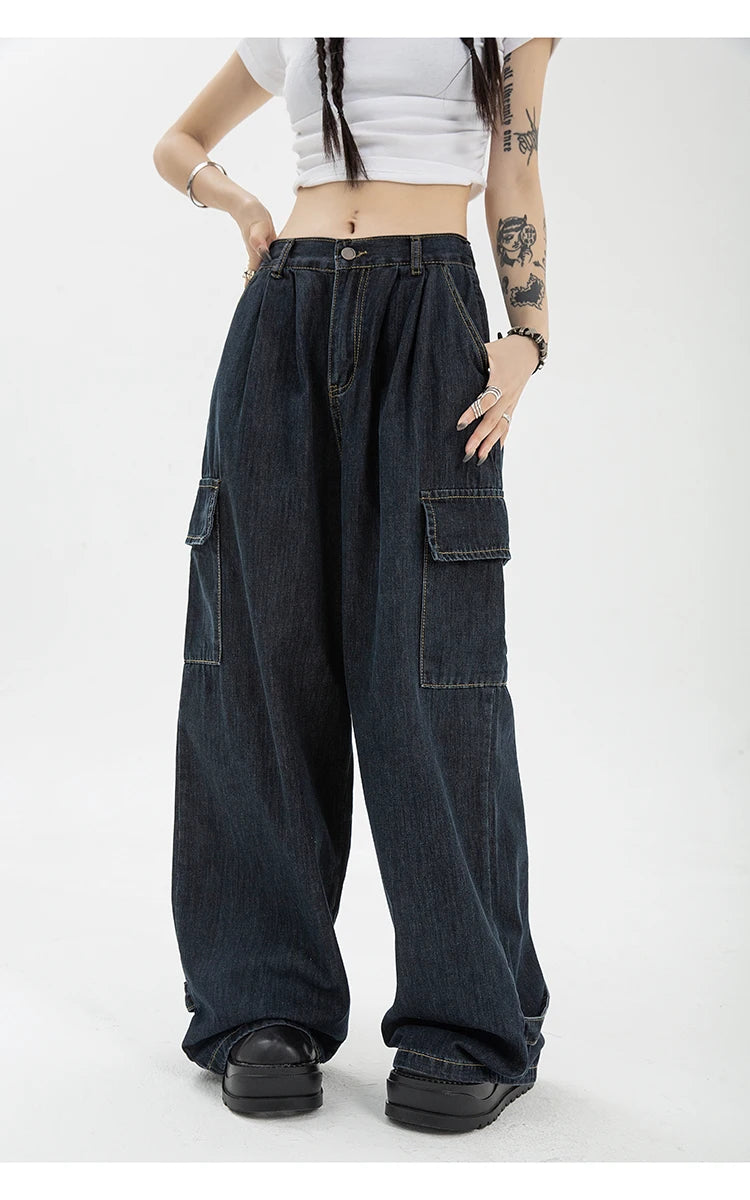 Aiertu Autumn Women Harajuku Cargo Baggy Blue Jeans Streetwear Hip Hop Oversize Casual Wide Leg Vintage Demin Pants Y2k Loose Trousers Aiertu