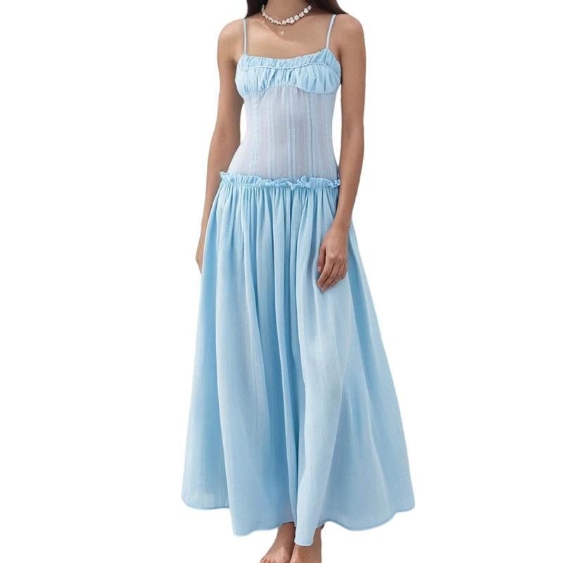 AIERTU  -  Women Y2K Maxi Dress Elegent Spaghetti Strap Square Neck Pleated Front Flowy Long Dress Summer Backless Ruched Ruffle Hem Dress Aiertu