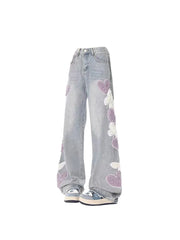 Aiertu Women Jeans with Heart Vintage Y2k 90s Aesthetic Baggy Denim Trouser 2000s Harajuku Kawaii Wide Cowboy Pants Trashy Clothes Aiertu