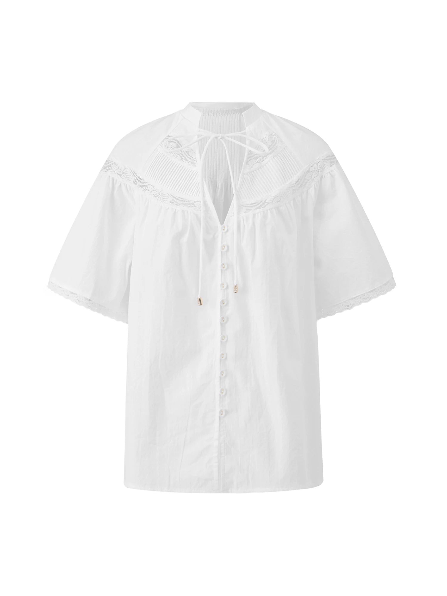 AIERTU  -  Women's Lace Trim Blouse Short Sleeve V Neck Button Up Loose Fit Sheer Tops Summer Casual Daily Out Going White Shirts Aiertu