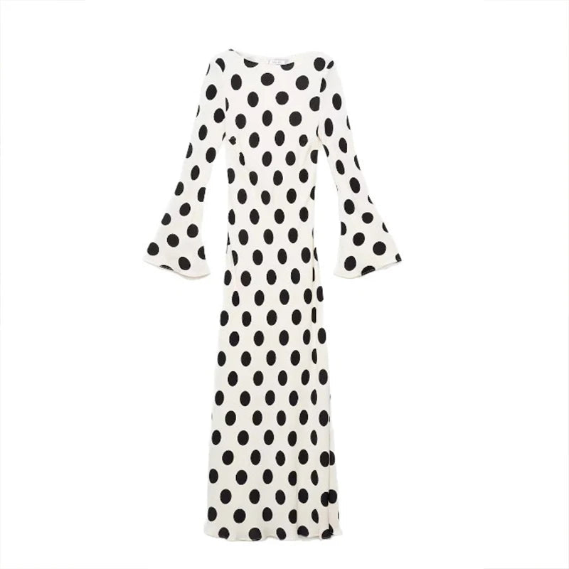 AIERTU  -  Flare Sleeve Dot Printed Round Collar Ladies Maxi Dress Spring Fall Holiday Elegant Party Slim Club Mujer Gowns Aiertu