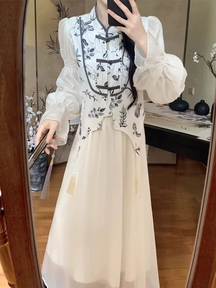 Aiertu Vintage Floral 2 Piece Dress Sets Women Button Chic Korean Printing Shirt+solid Elegant Midi Skirt 2024 Autumn Casual Dress Sets Aiertu