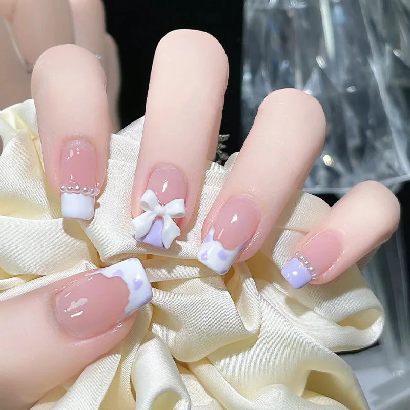 Aiertu 24Pcs Valentine Nails Press on Love Y2k Acrylic Nails Sparkle Butterfly French Cat Eye Almond Full Cover Stick on False Nail Tip Aiertu