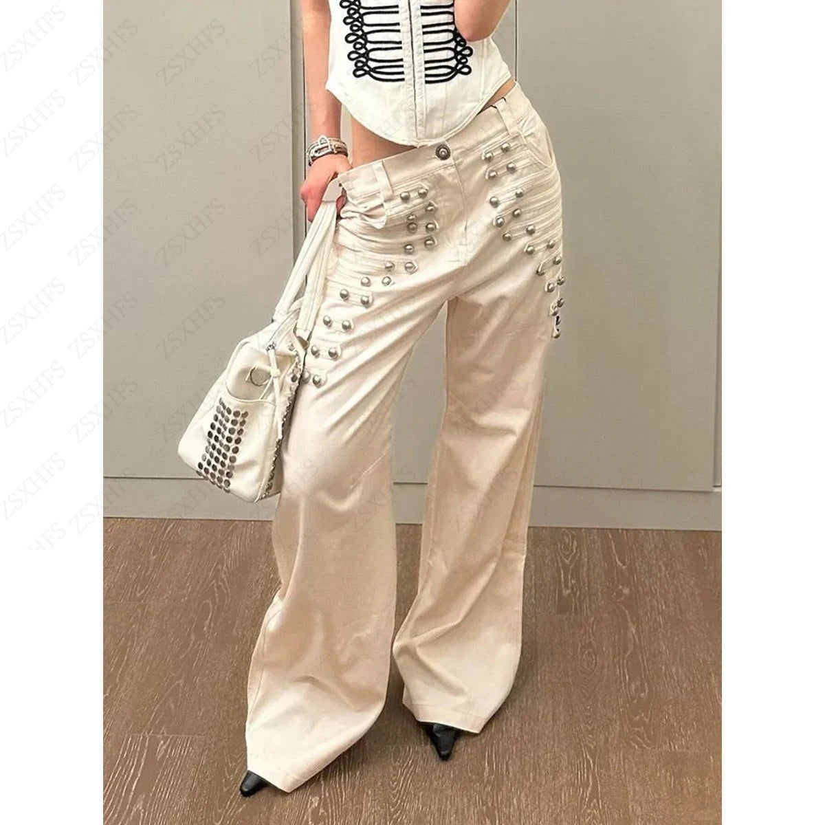 AIERTU  -  Subculture Gothic Cargo Pants Women High Waist Wide Leg Metal Buckle Full Length All Seasons Long Pants Trousers Pockets Casual Aiertu