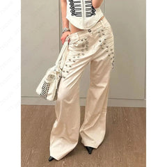 AIERTU  -  Subculture Gothic Cargo Pants Women High Waist Wide Leg Metal Buckle Full Length All Seasons Long Pants Trousers Pockets Casual Aiertu