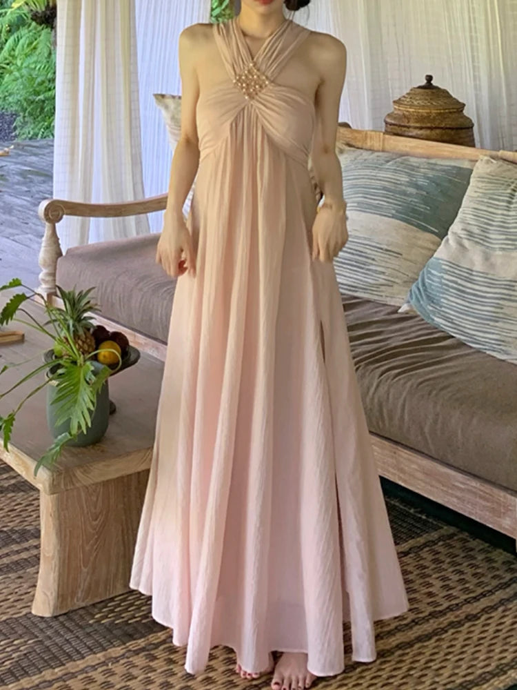 Aiertu 2024 Summer Pink Sexy Sleeveless Midi Dress Sweet Elegant Even Party Dress Beach Chiffon Korean Fashion Dress Female Design Aiertu