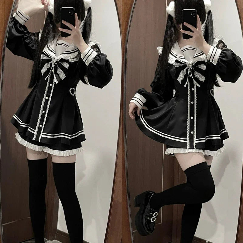 Aiertu DRESS TO IMPRESS Japanese Black Gothic Y2k Lolita Bow Dress Shorts Set Women Vintage Sweet Long Sleeve Shirt Party Dresses Slim Mini Dress 2000s Aiertu
