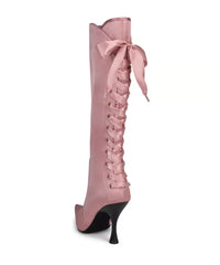 AIERTU  - Glam-Chic Design Blush Satin Pointed-Toe Knee-High Boots Lace-Up Bow Detail Elegant Stiletto Heel Romantic Soft Style Lady Boots Aiertu