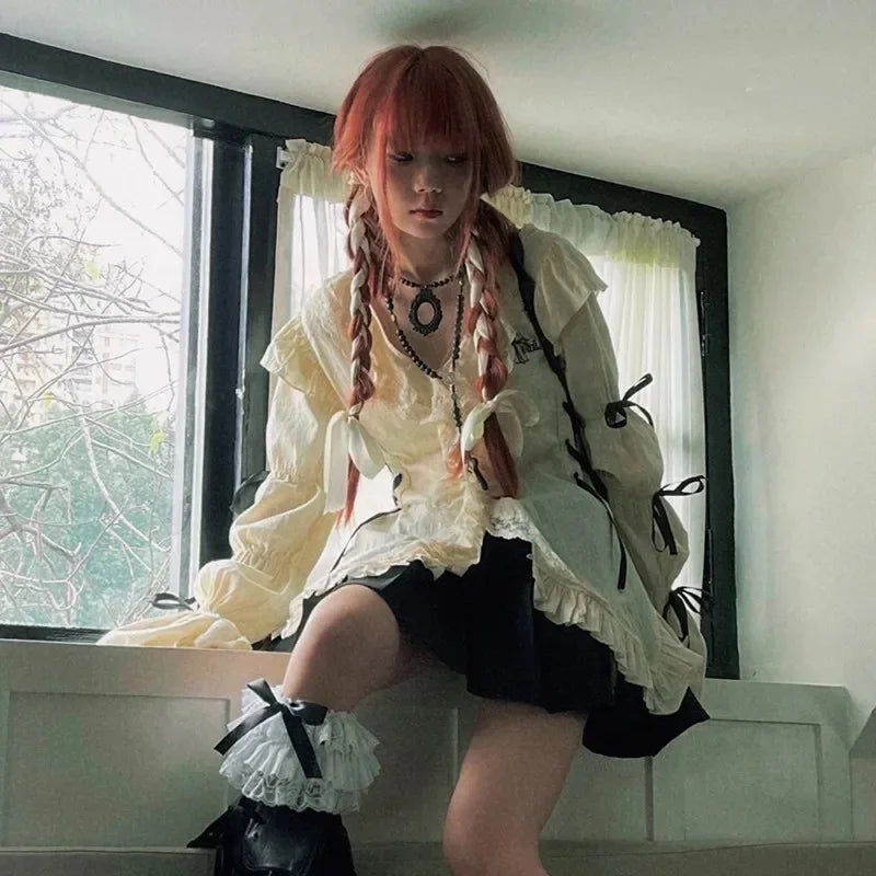 Aiertu Grunge Gothic Mall Goth Harajuku Y2k Aesthetics Lace Shirt Lolita Fairy Bandage Blouses 2024 Fashion Irregular Top Aiertu