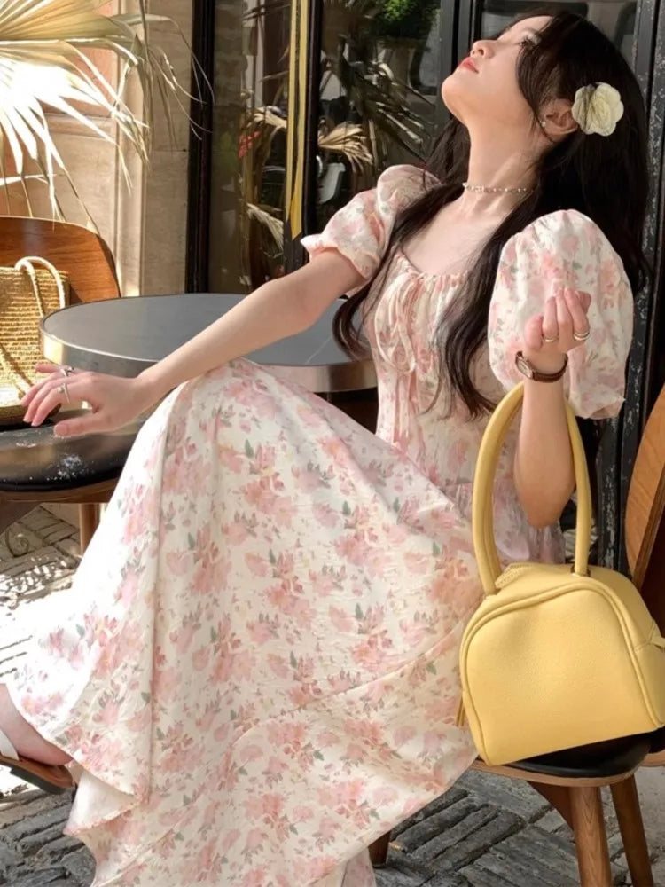 Aiertu Summer Floral Printed Midi Dress Women Off Shoulder Puff Sleeve Fairy A-line Elegant Dresses Casual Korean Fashion Aiertu