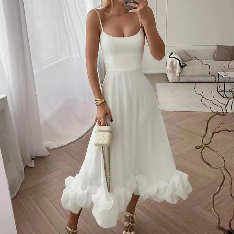 AIERTU  - Women Dress A-line Three-dimensional Flower Pleated Large Swing Edge Design U-neck Sleeveless Sweet Temperament Sling Dresses Aiertu