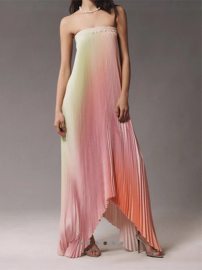 AIERTU  -  New Women's Gradient Color Tube Top Dress Sleeveless Pleated High Waist Midi Dress Party Club Streetwear Fashion Outfit Aiertu