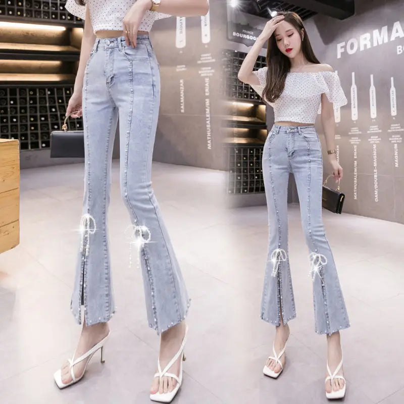 Aiertu Spring New Bow Slim Fit Flare Split Jeans Women Casual Wash Fashion High Waist Snowflake Beading Light Blue Denim Cropped Pants Aiertu