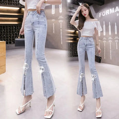 Aiertu Spring New Bow Slim Fit Flare Split Jeans Women Casual Wash Fashion High Waist Snowflake Beading Light Blue Denim Cropped Pants Aiertu