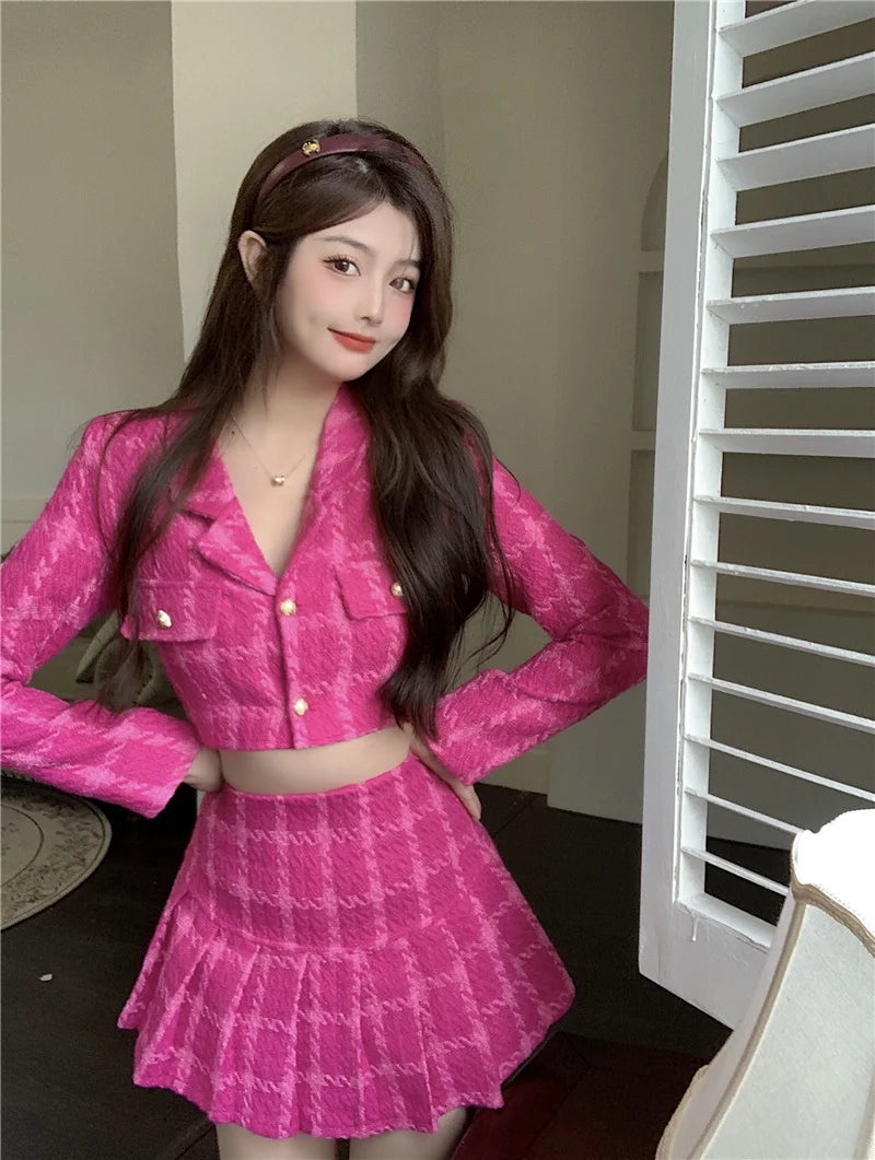 Aiertu Fall Small Fragrance Vintage Tweed Two Piece Set Women Crop Top Woolen Short Jacket Coat + Mini Skirts Sets Sweet 2 Piece Suits Aiertu