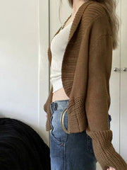 AIERTU  -  Brown Chunky Knit Shawl Collar Cardigan Long Sleeve Cropped Open Front Belted Daily Casual Streetwear Chunky Rib Cardigan Aiertu