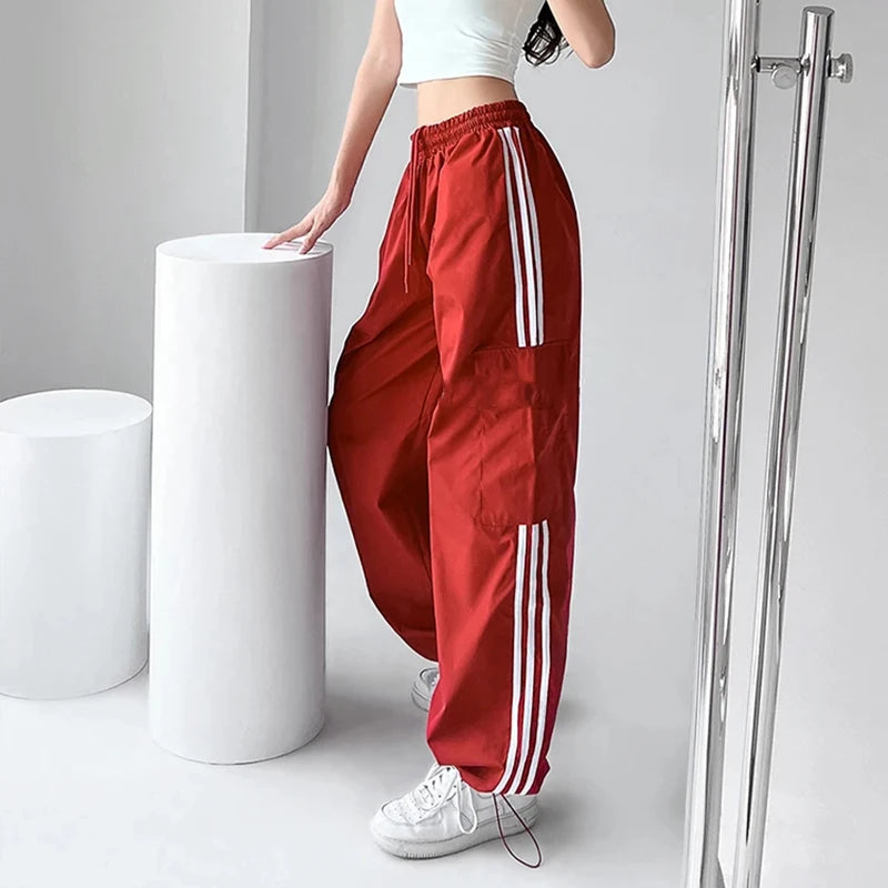 Aiertu Striped Sweatpants Women Hip Hop Streetwear Baggy Wide Leg Cargo Pants Bf Y2K High Waist Drawstring Joggers Trousers Aiertu