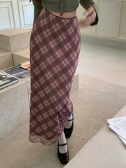 Aiertu Autumn Women Vintage Pink Mesh Plaid A-line Half Long Skirts Elastic High Waist Party Bodycon Wrapped Hip Skirt Female Chic Aiertu