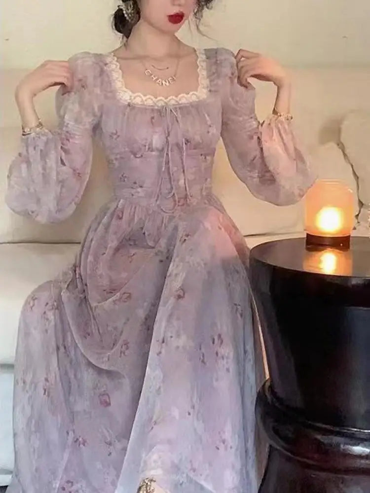 Aiertu Women Vintage Violet Print Square Neck Lace Fairy Dress Solid Elegant Bodycon Autumn Party Lady Pleated Princess Long Dress Boho Aiertu
