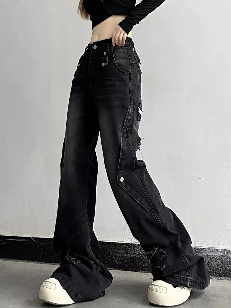 Aiertu Y2K Harajuku Wide Leg High Waist Flared Jeans Slim Ripped Pants Winter Women's Vintage Streetwear Style Denim Trouser Aiertu