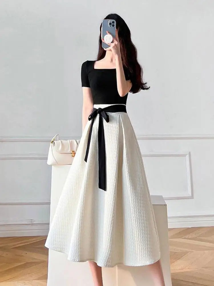 Aiertu Summer Bandage Party Short Sleeve Two Piece Set Women Square Collar High Waist  Princess French Elegant Black Tops White Skirts Aiertu