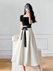Aiertu Summer Bandage Party Short Sleeve Two Piece Set Women Square Collar High Waist  Princess French Elegant Black Tops White Skirts Aiertu