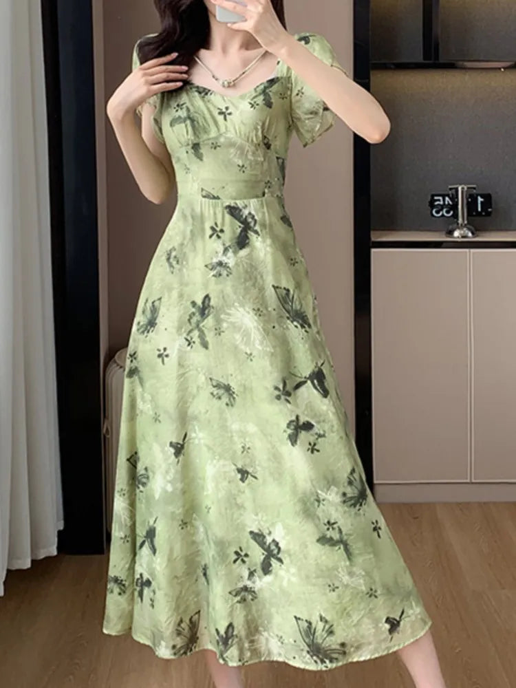 Aiertu New Women Vintage Floral Print Midi Green Dress Elegant Chic A-Line Party Evening Clothes Female Fashion Casual Vestidos Robe Aiertu