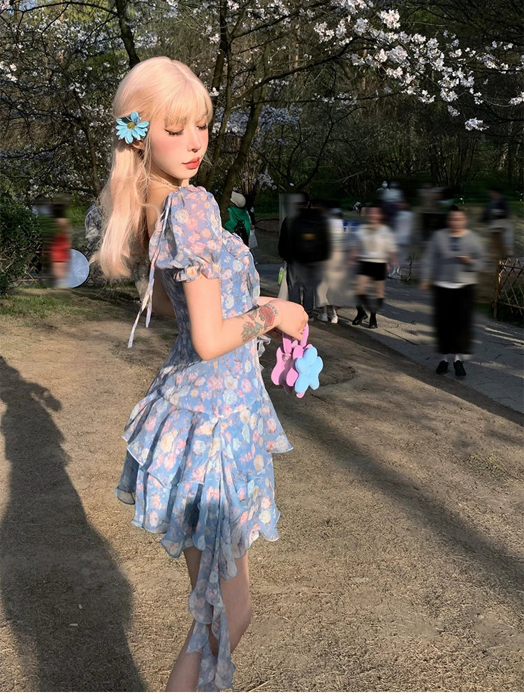 Aiertu Summer Floral Y2k Mini Dress Holiday Beach Irregular Chiffon Dress Casual Korean Fashion Short Party Dress Elegant Clothing Aiertu