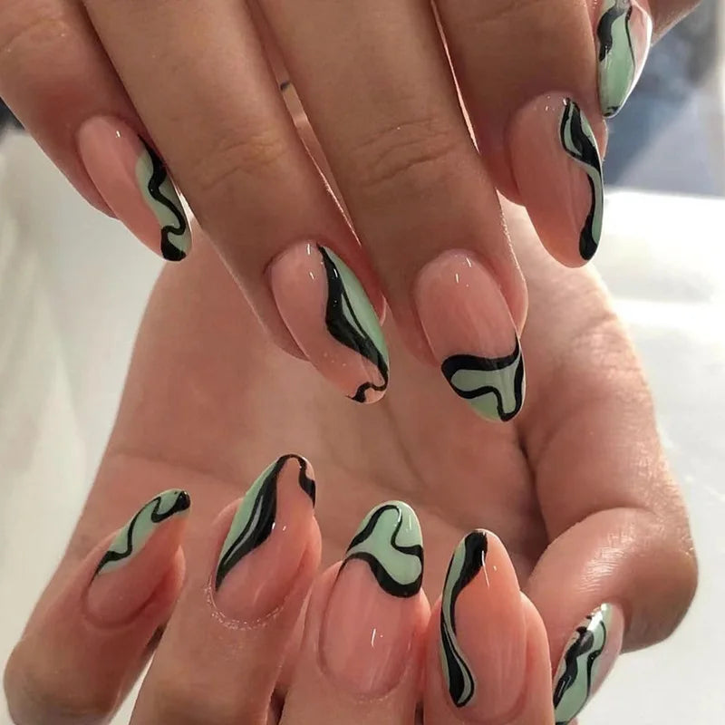 Aiertu Medium-length Acrylic Almond Fake Nails Art Cool Hottie Girl Wear False Nails Europe and USA Press on Nail Removable French Nail Aiertu