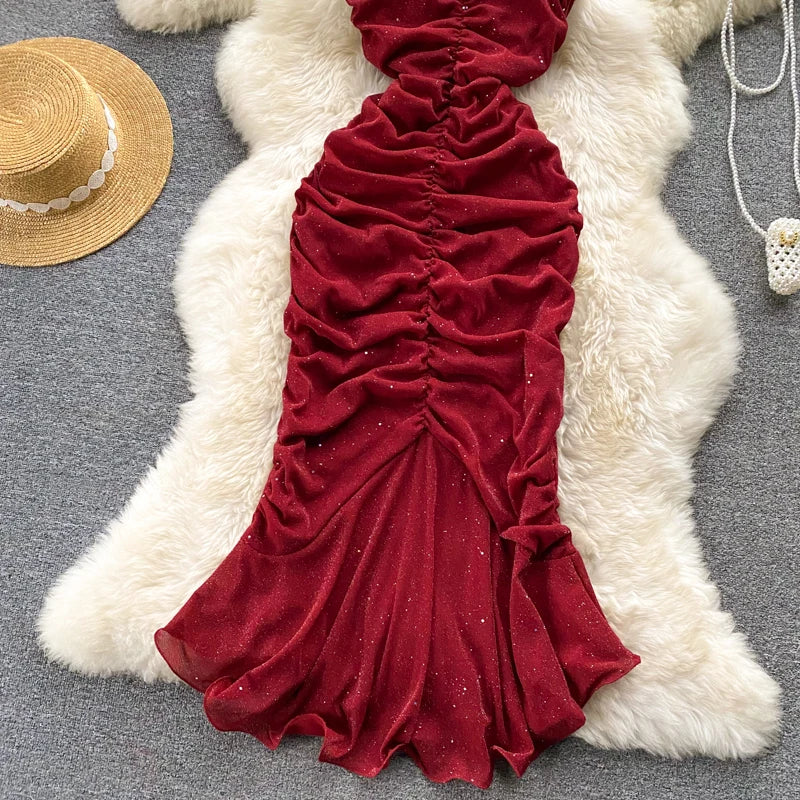 Aiertu  Evening Party Women Mermaid Dress Summer Ruched Backless Sexy Elegant Ladies French Style Solid Long Dresses Aiertu
