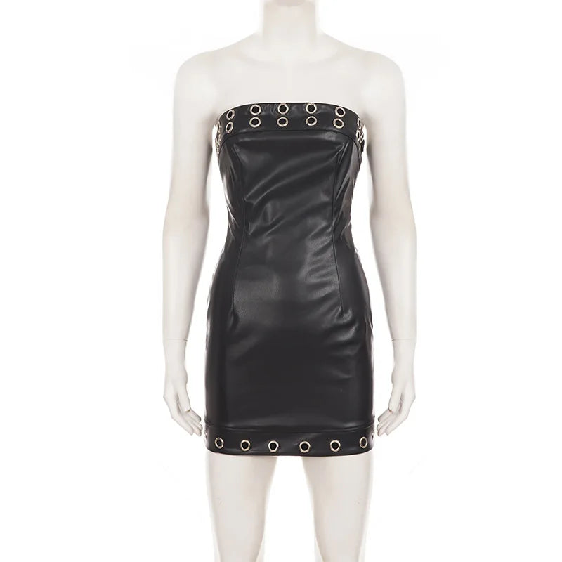 AIERTU  -  Faux Leather Strapless Mini Dress Eyelet Decor Bodycon Tube Dress Sleeveless Slim Fit Short Dress  Night Club Evening Outfit Aiertu